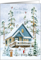 Christmas From Our Home to Yours Snowy Cottage Snowman and Sled card