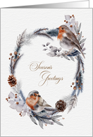 Christmas Season’s Greetings Wreath Pinecones Berries and Birds card