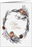 Happy Holidays Wreath Pinecones Berries and Birds card
