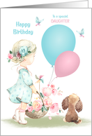 Birthday for Daughter Little Girl with Flowers Balloons and Puppy card