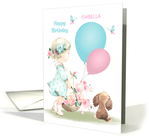 Young Girls Birthday Flowers Balloons and Puppy with Custom Name card
