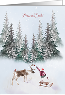 Peace on Earth Christmas Little Girl with Reindeer and Cardinal card