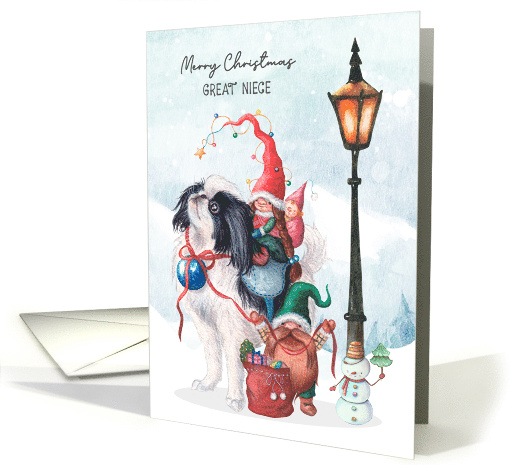 Christmas for Great Niece Gnomes Riding on a Dog with Snowman card