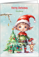 for Young Godson Christmas Elf Tree and Little Reindeer card