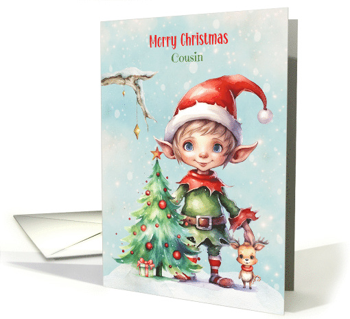 for Young Cousin Christmas Elf Christmas Tree and Little Reindeer card