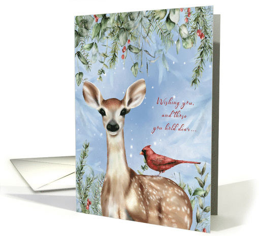 Christmas Deer with Red Cardinal Winter Berries and Greenery card
