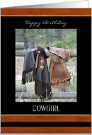 Happy Birthday Cowgirl ~ Leather Chaps on the Fence card