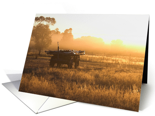 Old wagon in morning mist blank card (884070)