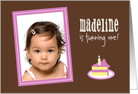 Baby Girl Turning One Year Old Cake Slice Photo Card