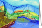 Greetings, painted silk landscape with water and rocks card