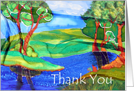 Thank You, painted silk landscape with water and trees card