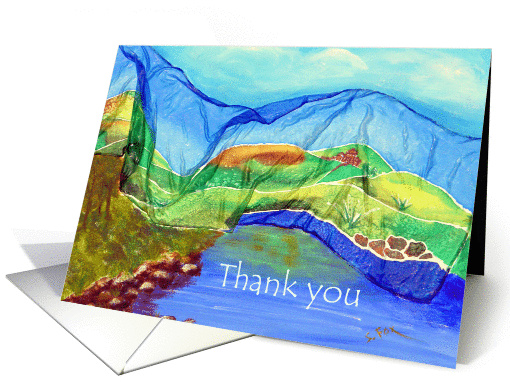 Thank You, painted silk landscape with water and trees card (868539)