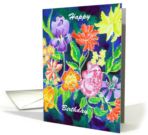 painted silk flower design Happy Birthday card (868547)
