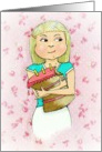 Cute Birthday Girl Eating Cake with Full Cheeks on rose background! card