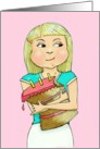 Cute Birthday Girl Eating Cake with Full Cheeks on pink background! card