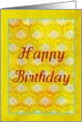 Happy Birthday on textured golden peacock feathers! card
