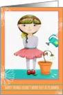 Cute girl with droopy daisy getting watered by helping hand. card