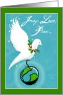Dove with hearts splashing off wings offers joy, love and peace! card