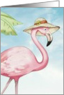 Pink Flamingo in a straw hat on blank note card. card