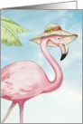 Pink Flamingo in a straw hat brings greetings from Happyville! card