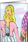 Happy birthday, blonde graphic illustration, with funky trees card