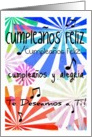 Spanish with english text inside, bright musical notes, birthday card