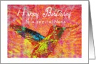 Happy Birthday nana, hummingbird with bright jewel colors! card