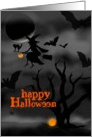 Happy Halloween witch on broom with cat trick or treating! card