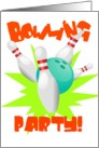 Bowling party with turquoise ball and pins exploding! card
