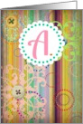 Monogram ’A’ antique look blank card with bright stripes and buttons look! card