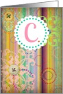 Monogram ’C’ antique look blank card with bright stripes and buttons look! card