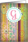 Monogram ’G’ antique look blank card with bright stripes and buttons look! card