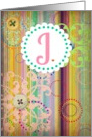 Monogram ’J’ antique look blank card with bright stripes and buttons look! card