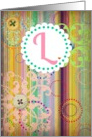 Monogram ’L’ antique look blank card with bright stripes and buttons look! card