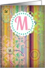 Monogram ’M’ antique look blank card with bright stripes and buttons look! card