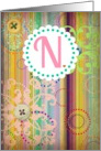 Monogram ’N’ antique look blank card with bright stripes and buttons look! card