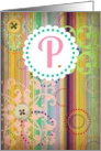 Monogram ’P’ antique look blank card with bright stripes and buttons look! card