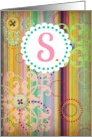 Monogram ’S’ antique look blank card with bright stripes and buttons look! card