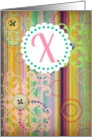 Monogram ’X’ antique look blank card with bright stripes and buttons! card