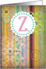 Monogram ’Z’ antique look blank card with bright stripes and buttons! card