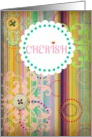 ’Cherish’ blank antique look with bright stripes and buttons! card