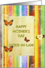 Happy Mother’s Day, Sister-in-Law, stripes,butterfly hinges, heart button look! card