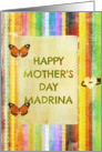 Happy Mother’s Day, Godmother Spanish - Madrina, stripes, butterfly hinges, heart button! card