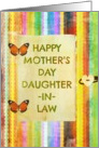 Happy Mother’s Day, Daughter-in-Law, stripes, butterfly hinges, heart button look! card