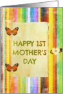 Happy 1st Mother’s Day, stripes, butterfly hinges, heart button look! card
