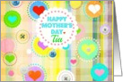 Happy Mother’s Day, Tia, Aunt, Spanish, plaid pastels, hearts and buttons! card