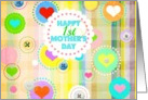 Happy 1st Mother’s Day, plaid pastels, hearts and buttons! card