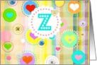 Monogram note card, ’Z’, plaid pastels, hearts and buttons! card