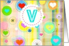 Monogram note card, ’V’, plaid pastels, hearts and buttons! card