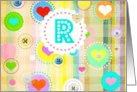 Monogram note card, ’R’, plaid pastels, hearts and buttons! card